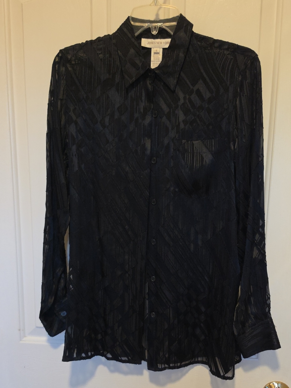 Jones New York Women's Black Sheer Geometric Button-Down Shirt